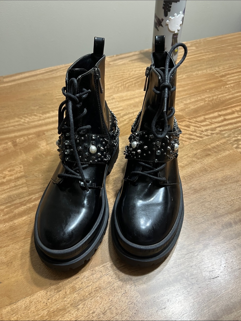Jessica Simpson Black Lace-Up Combat Boots with Stud & Pearl Strap